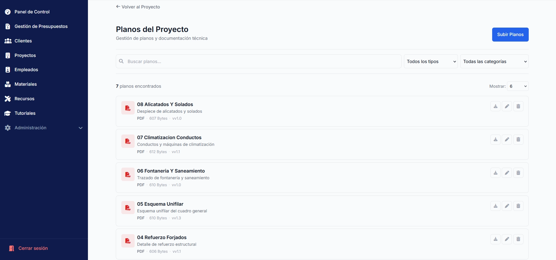 Listado de planos de una obra en BuildPro, con buscador, filtros por tipo y categoría, y cada plano con su formato, su tamaño y su versión