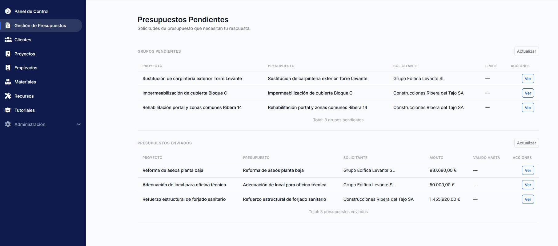 Bandeja de presupuestos de BuildPro, con las solicitudes pendientes y las propuestas ya enviadas